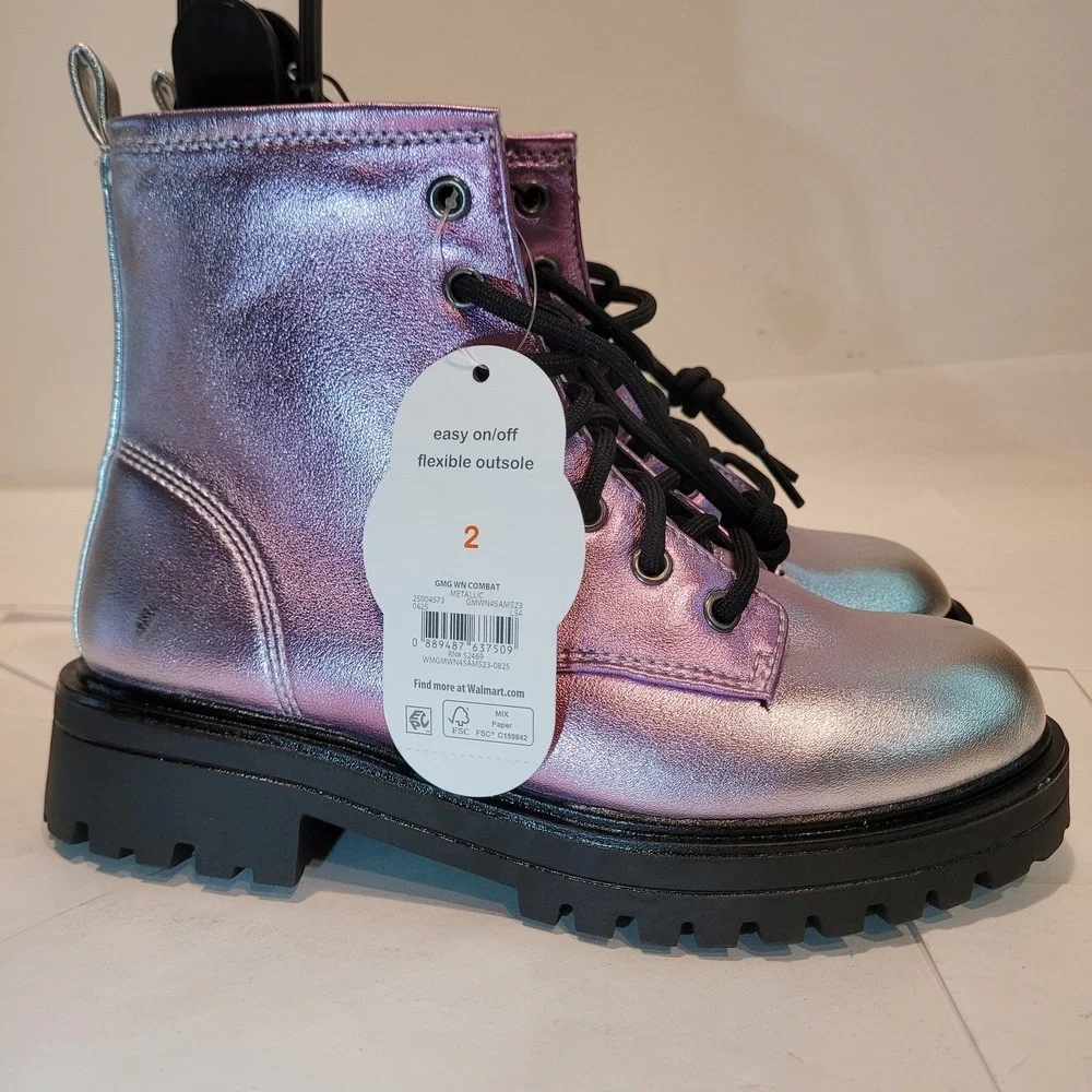 Wonder Nation Kids Unisex Combat Boots Iridescent Purple Silver Size 2 New‎
